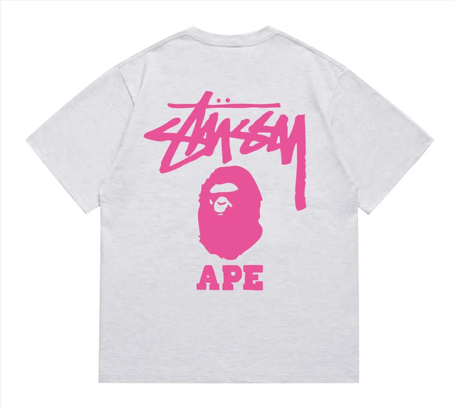 Stüssy x BAPE Stüssy x A Bathing Ape Grey and Pink T-Shirt