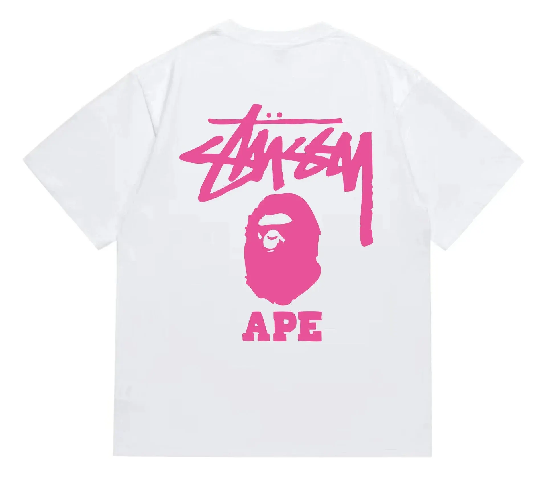 Stüssy x BAPE Stüssy x A Bathing Ape White and Pink T-Shirt