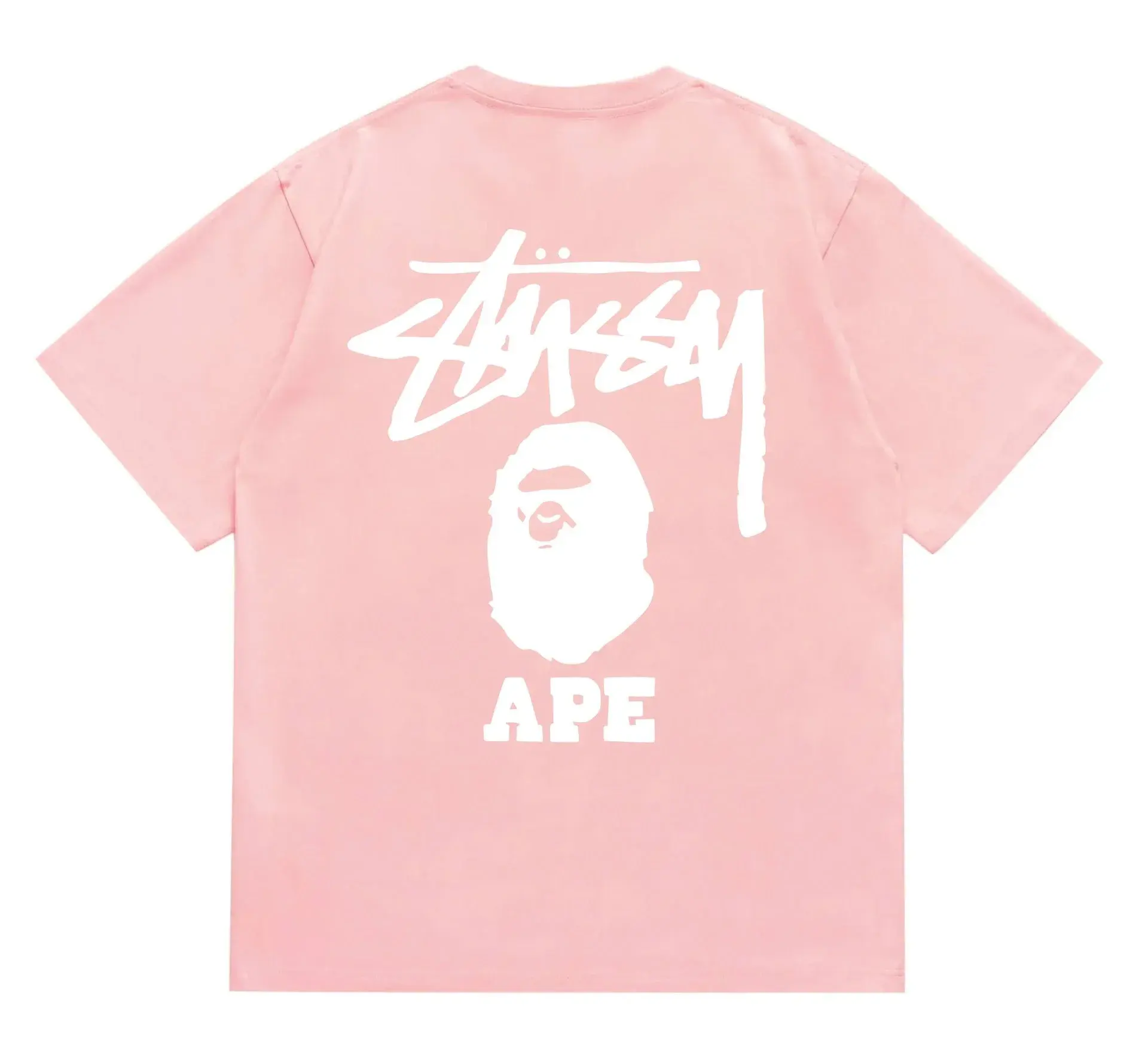 Stüssy x BAPE Stüssy x A Bathing Ape Pink and White T-Shirt