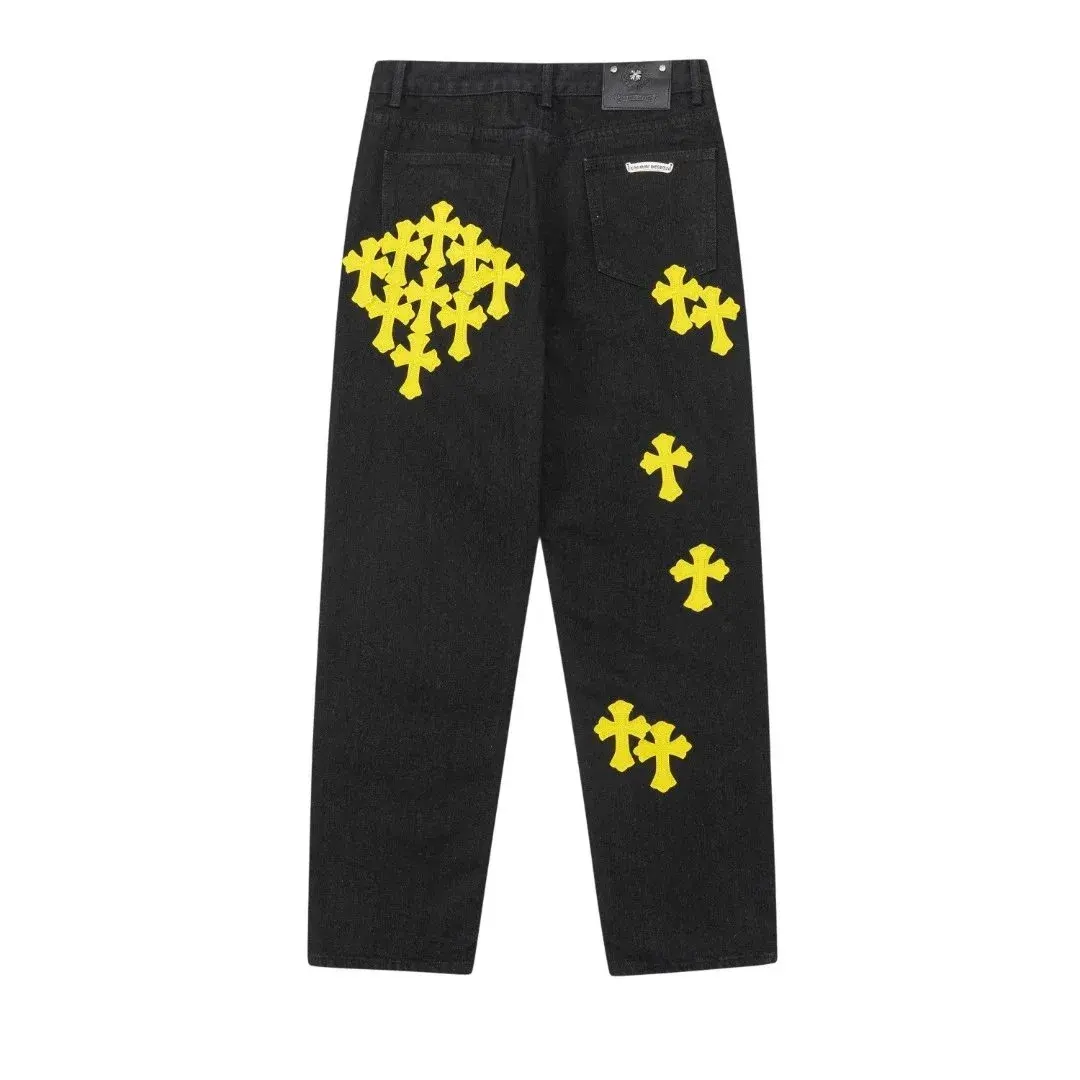 Chrome Hearts Yellow Cross Patch Black Jeans