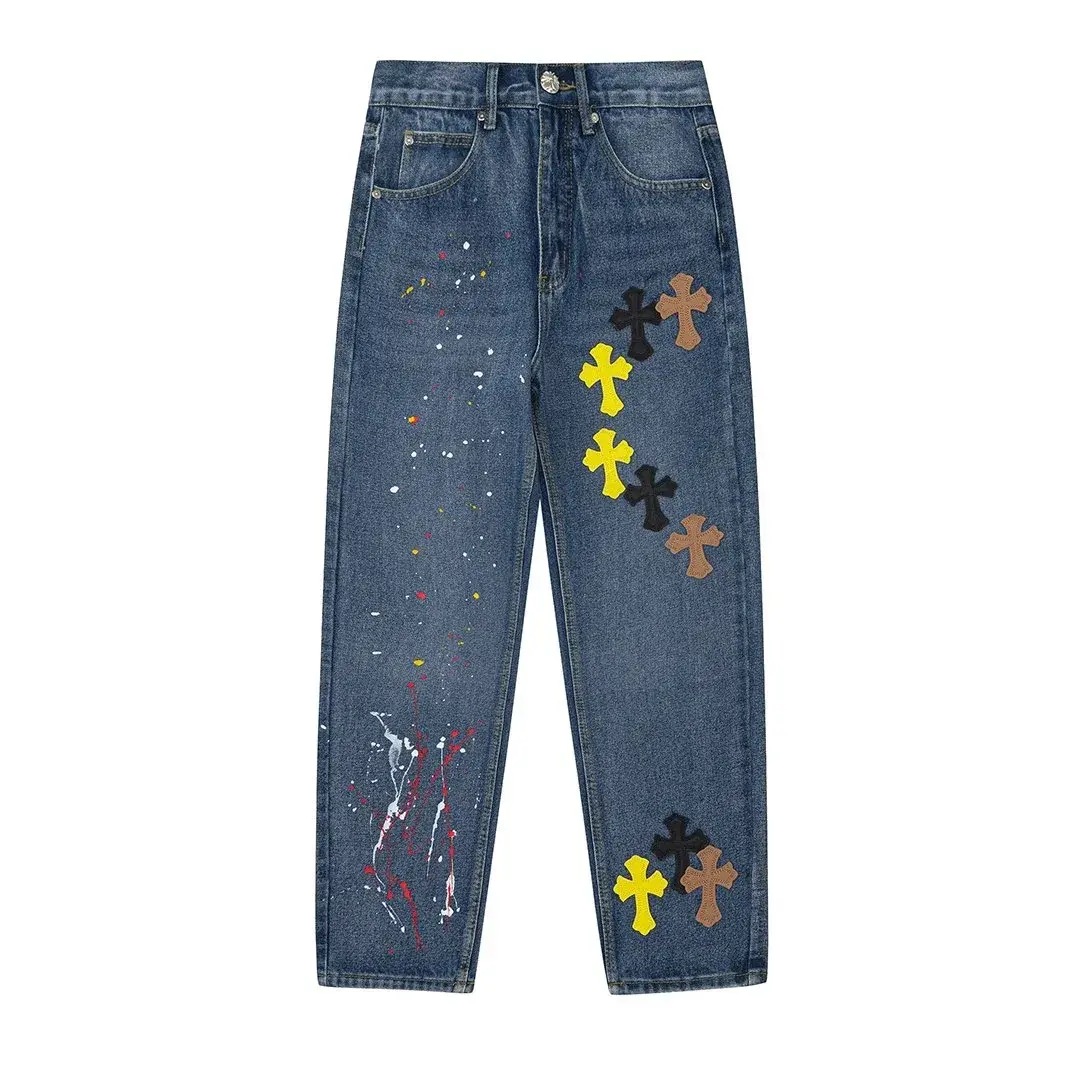 Chrome Hearts Paint Splatter Cross Patch Jeans Blue