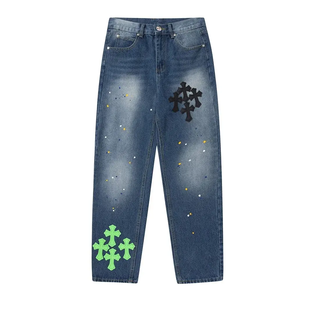 Chrome Hearts Paint Splatter Cross Patch Jeans Indigo