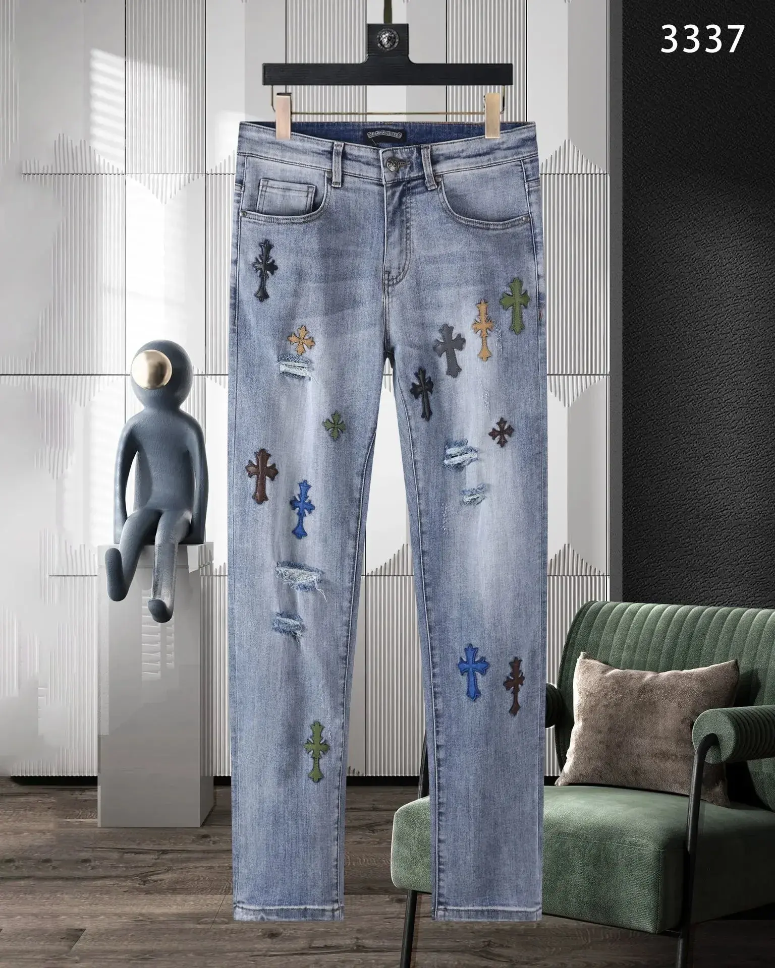 Chrome Hearts Distressed Cross Patch Denim Jeans Blue