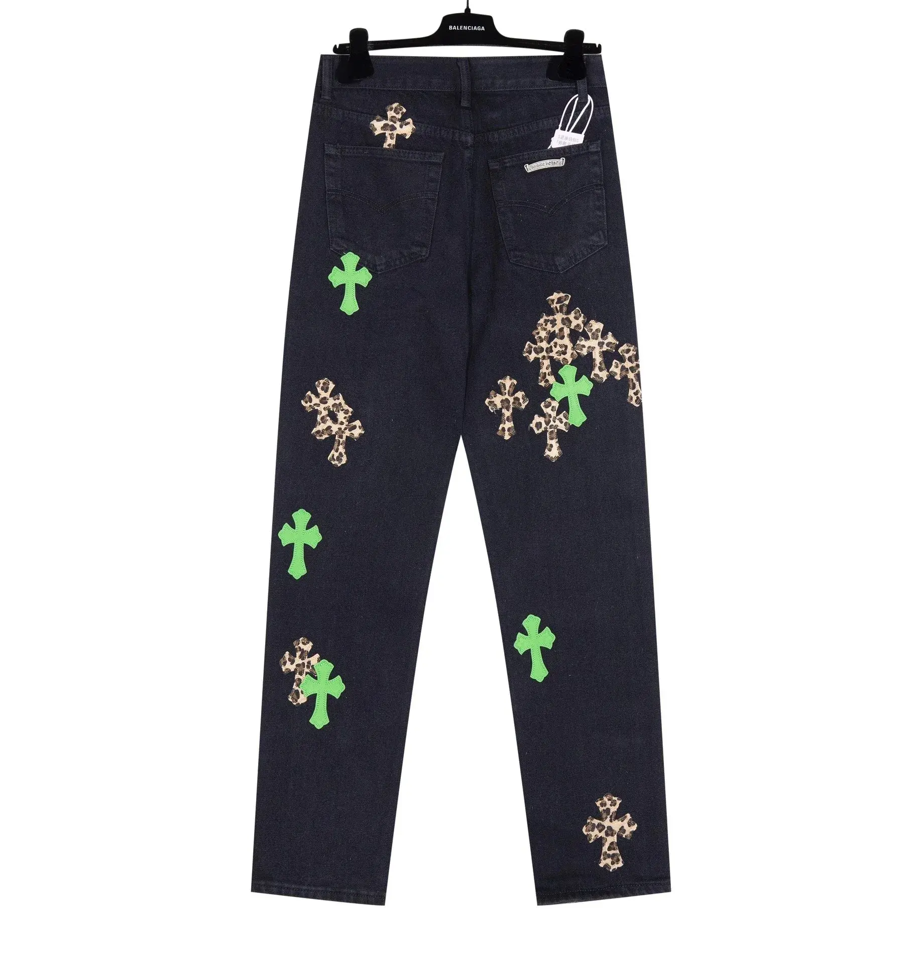 Chrome Hearts Leopard and Green Cross Patch Denim Jeans Black