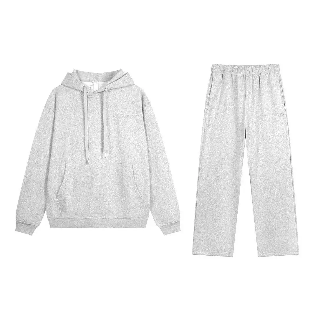 Alo Yoga Hoodie Straight-Leg Sweatpants Set Light Grey