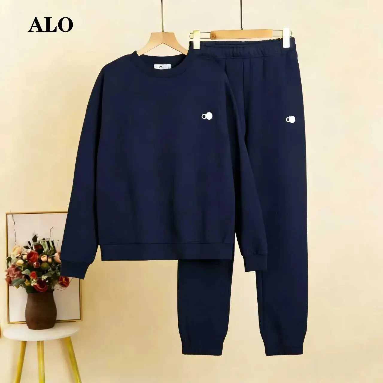Alo Yoga Navy Blue Crew Neck Jogger Set