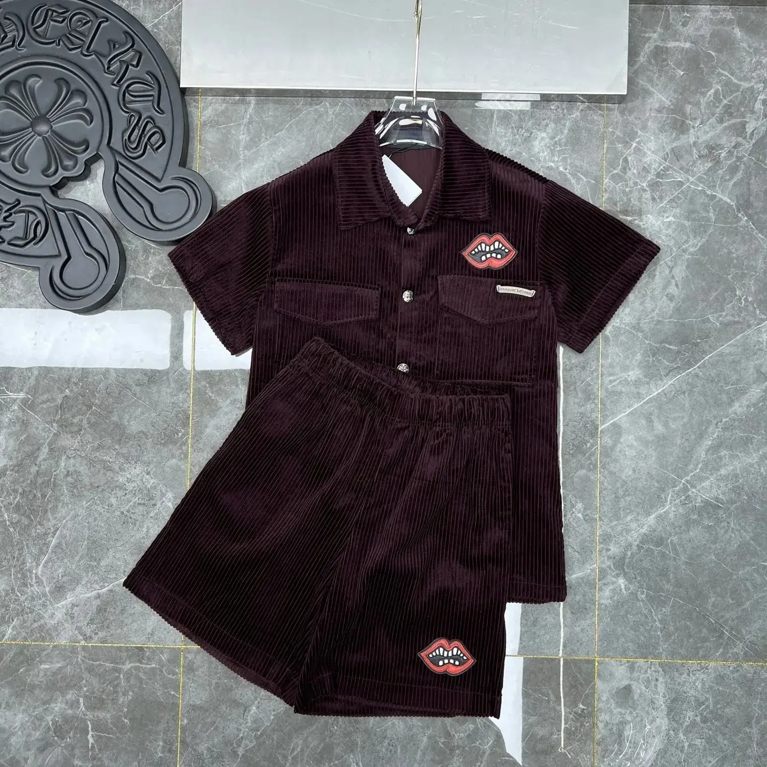 Chrome Hearts Corduroy Short Sleeve Shirt and Shorts Set Jujube Red