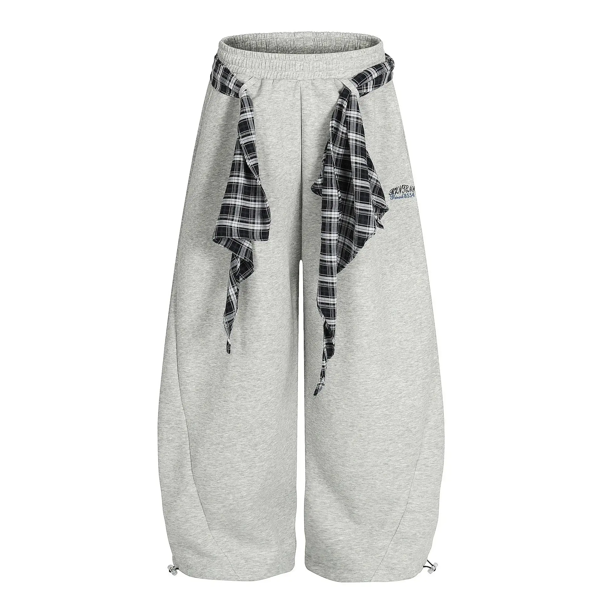 Unbranded Loose Fit Plaid Sash Sweatpants Gray