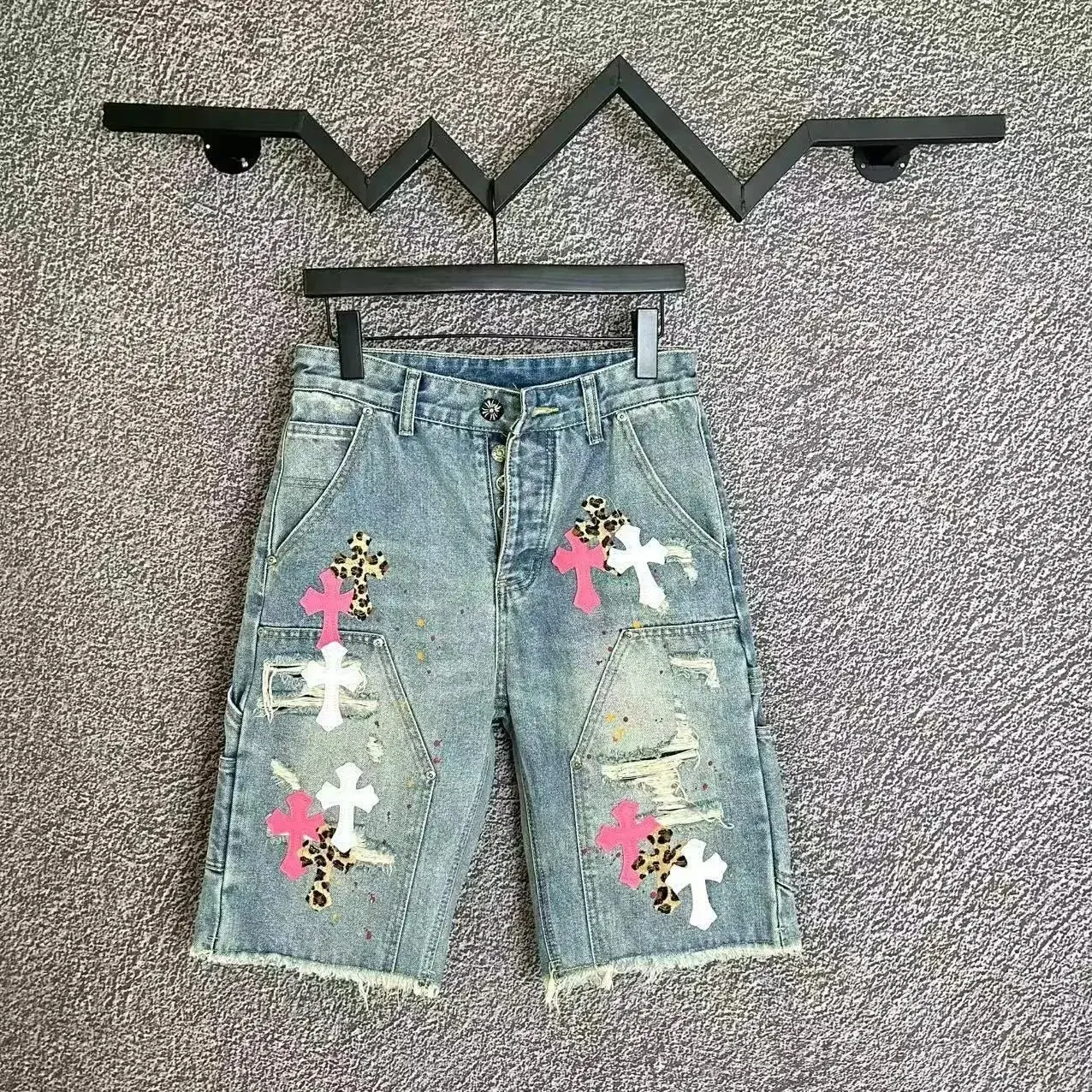 Chrome Hearts Cross Patch Denim Shorts Light Blue Multi