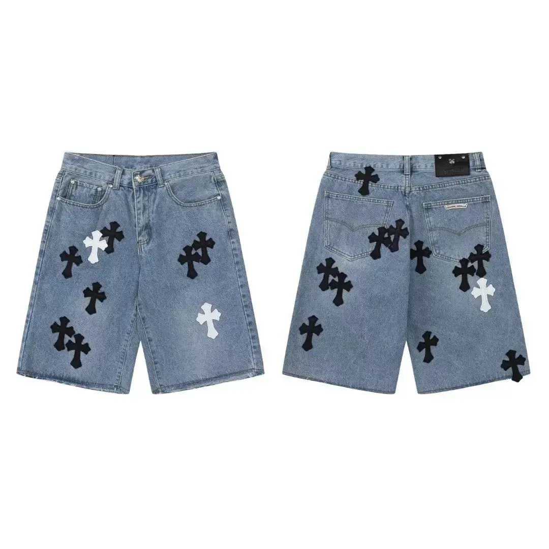 Chrome Hearts Cross Patch Denim Shorts Light Blue Black