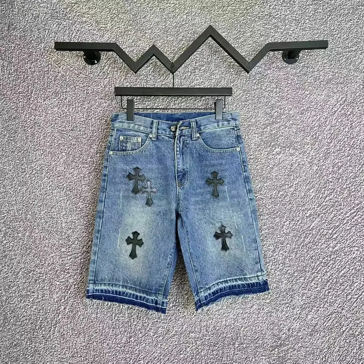 Chrome Hearts Cross Patch Denim Shorts Light Blue Black