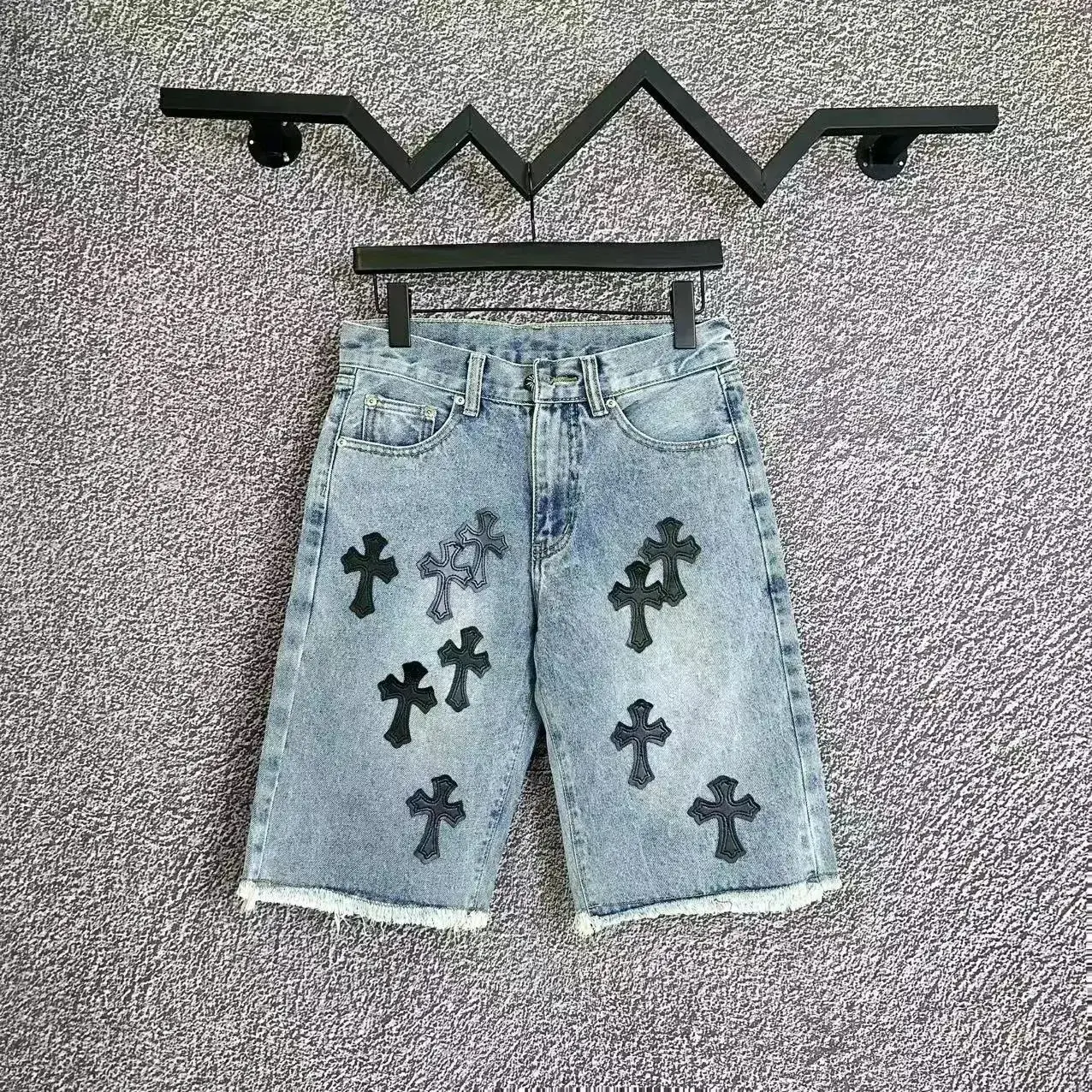 Chrome Hearts Cross Patch Denim Shorts Light Blue Black