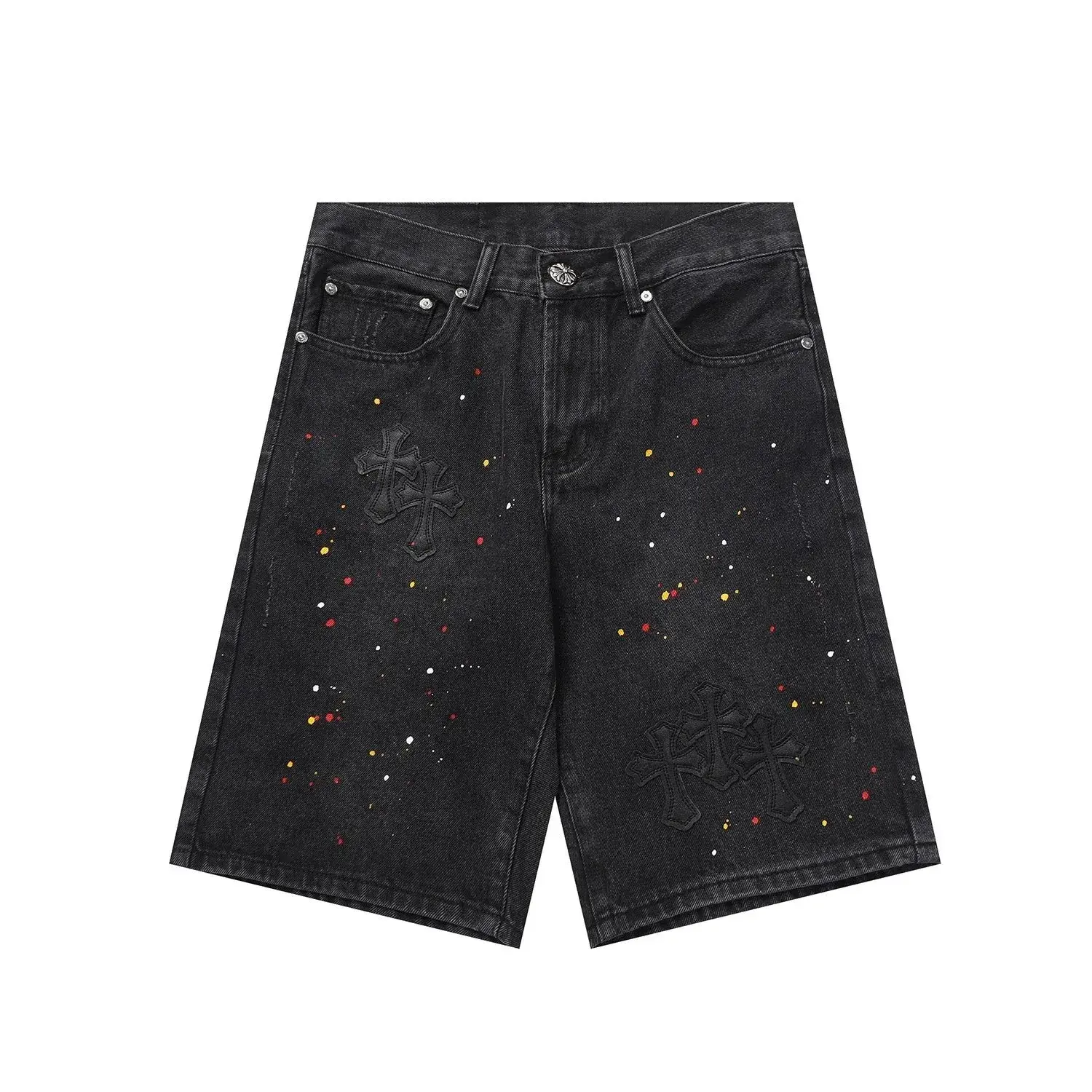 Chrome Hearts Paint Splatter Cross Patch Denim Shorts Black