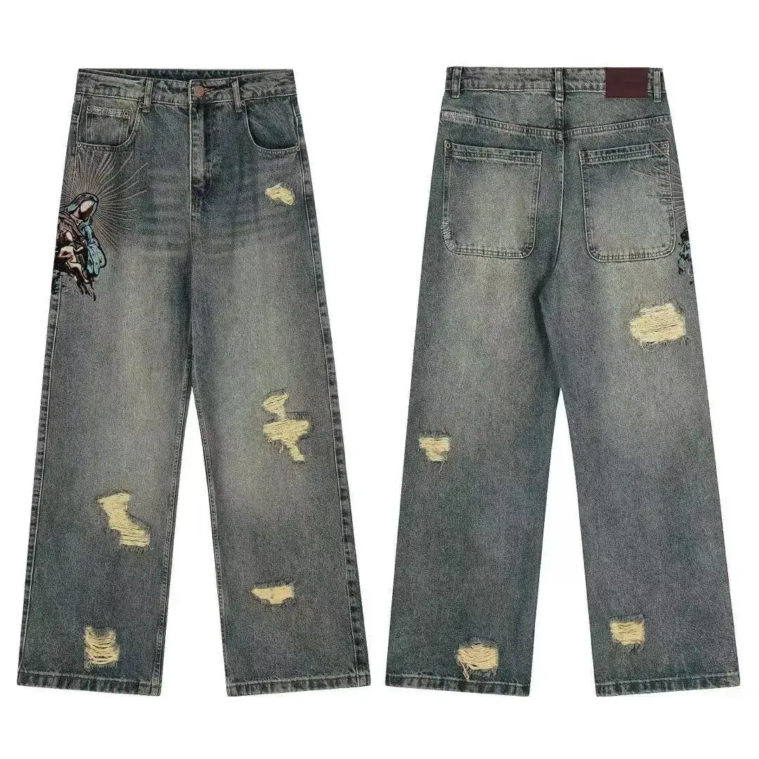 Schulze Distressed Religious Art Blue Jeans