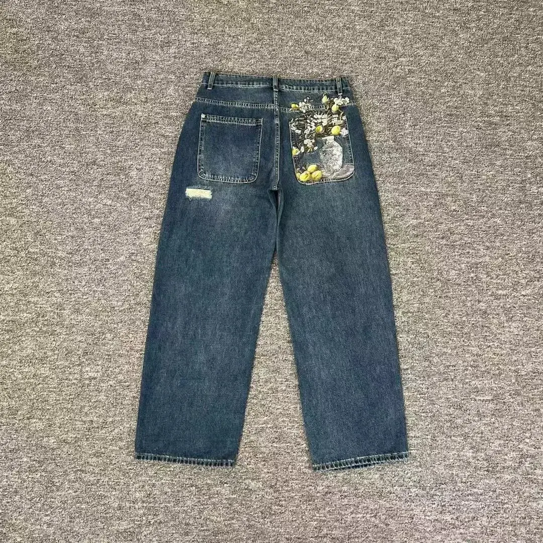 Unbranded Blue Lemon Still Life Embroidered Jeans