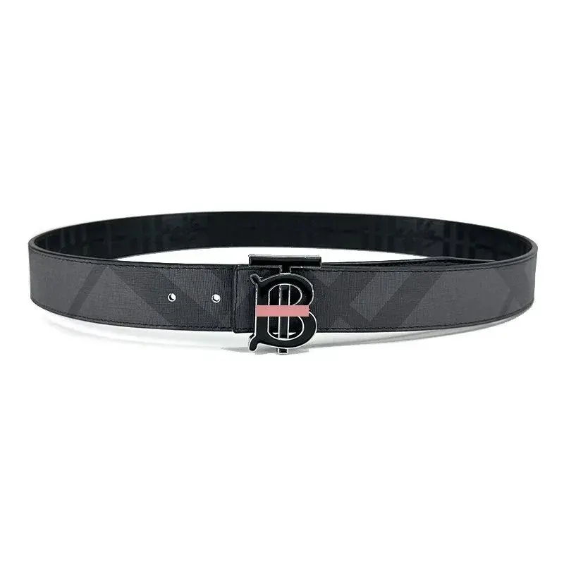 Burberry TB Enamel Buckle London Check Belt Charcoal Pink