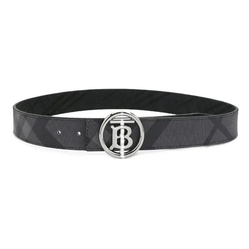 Burberry Round TB Buckle London Check Belt Charcoal Silver