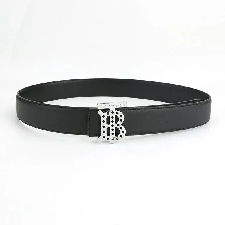 Burberry Perforated TB Buckle Leather Belt Black Silver