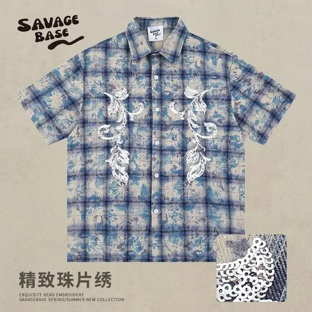 SAVAGE BASE / TRAVEL ISLAND Tie-Dye Plaid Short-Sleeve Shirt
