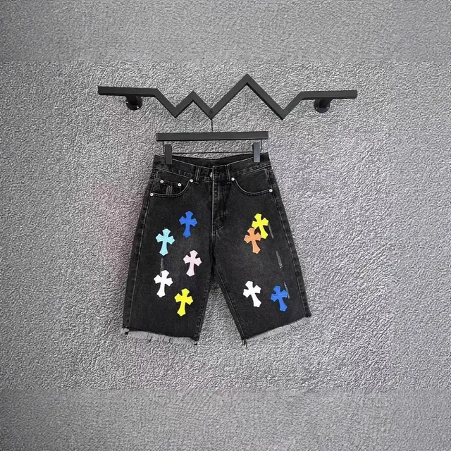 Chrome Hearts-Style Colorful Cross Denim Shorts