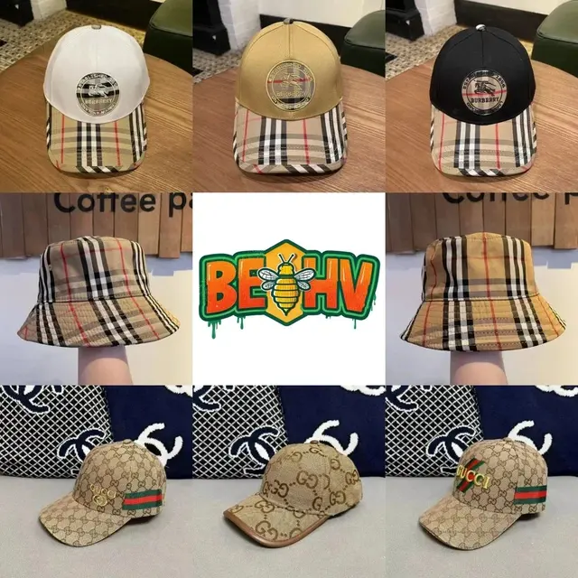 Hats from two major luxury brands: Burberry and Gucci