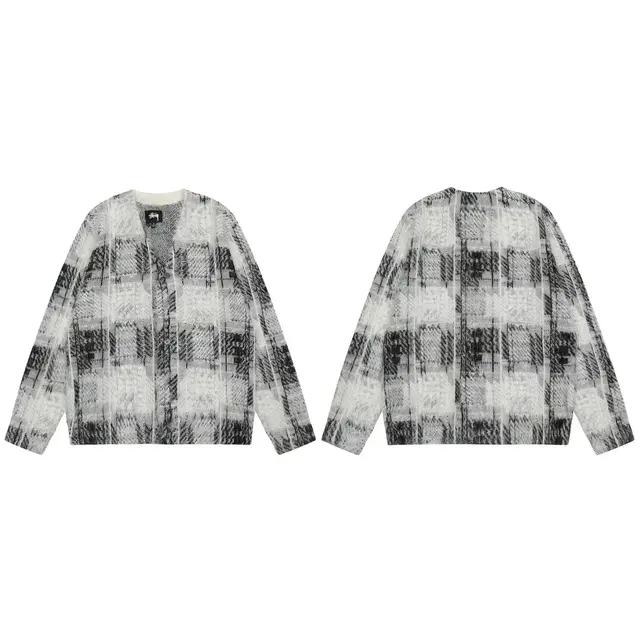 Stussy-Style Black and White Plaid Knit Cardigan