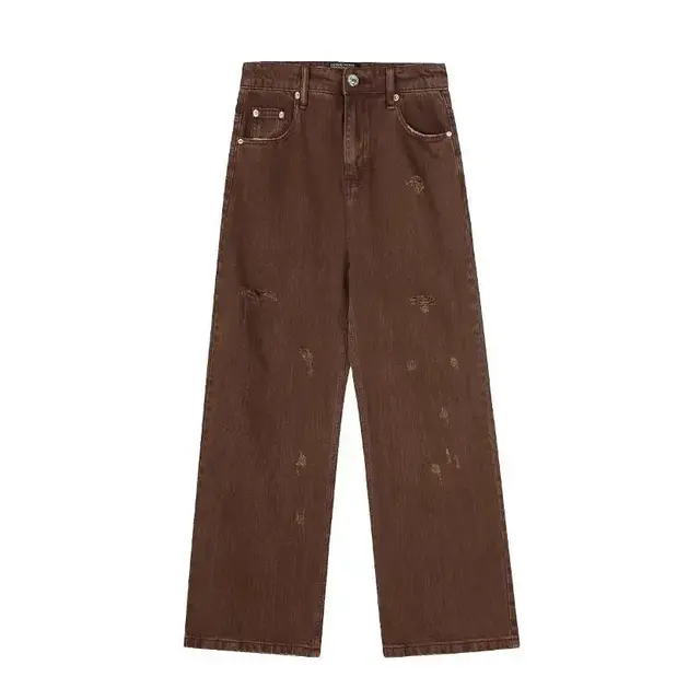 Brown Distressed Wide-Leg Jeans
