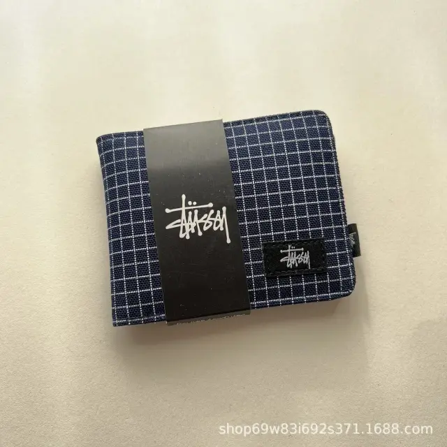 Stussy Navy Plaid Canvas Bifold Wallet