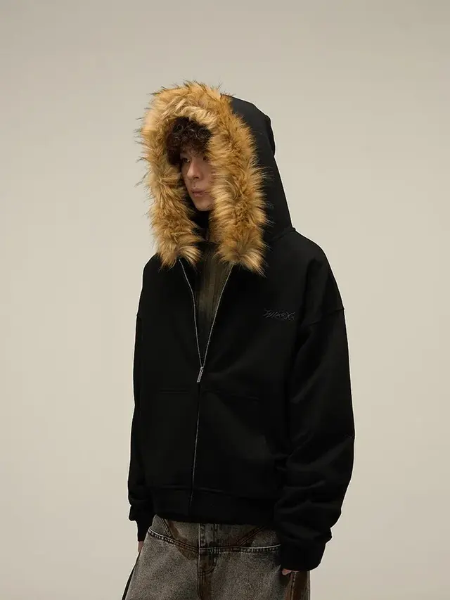 Futur, fur-trimmed hooded cardigan sweatshirt