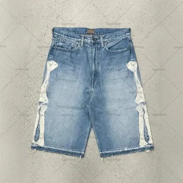 Gallery Dept.-Style Distressed Bone-Patch Denim Shorts