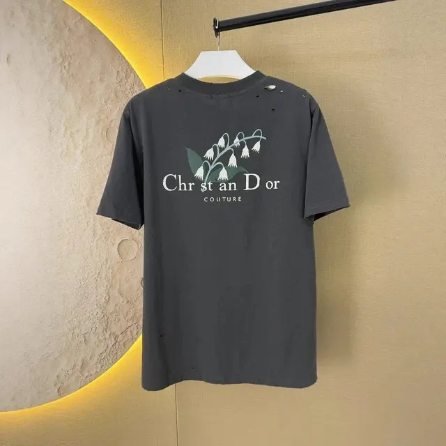 Christian Dior-Style Distressed T-Shirt with Lily of the Valley Print