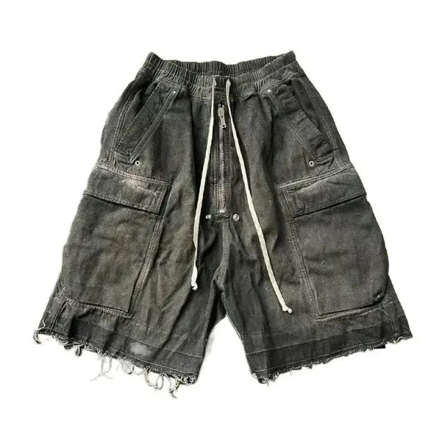 Rick Owens-Style Distressed Cargo Denim Shorts