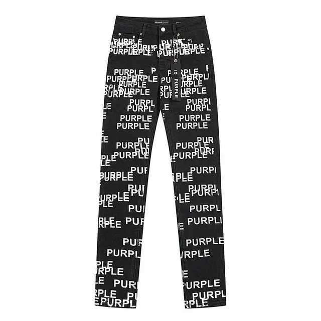 Purple Brand-Style Black Denim Jeans with Allover Slogan Print