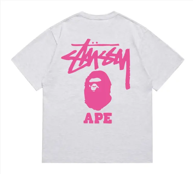 BAPE x Stussy Ape Head T-Shirt Grey Pink