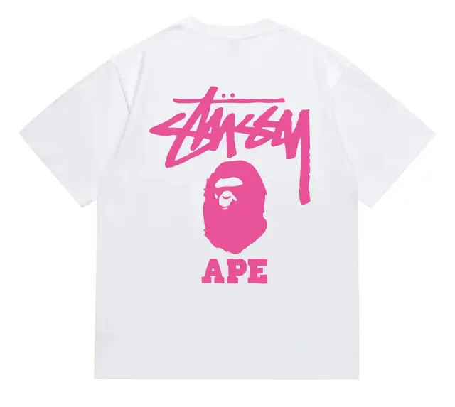 BAPE x Stussy Ape Head T-Shirt White Pink