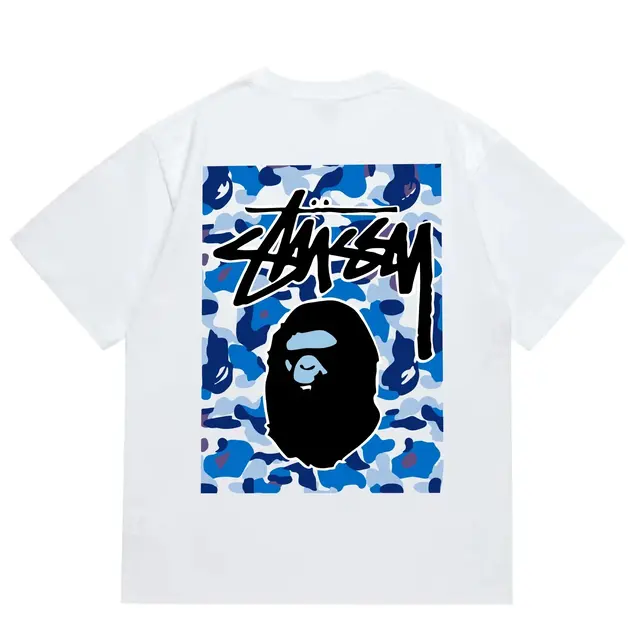 BAPE x Stussy Camo Ape Head Tee White / Blue