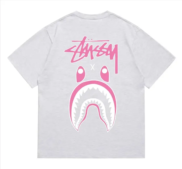 BAPE x Stussy Shark Tee Heather Grey Pink White