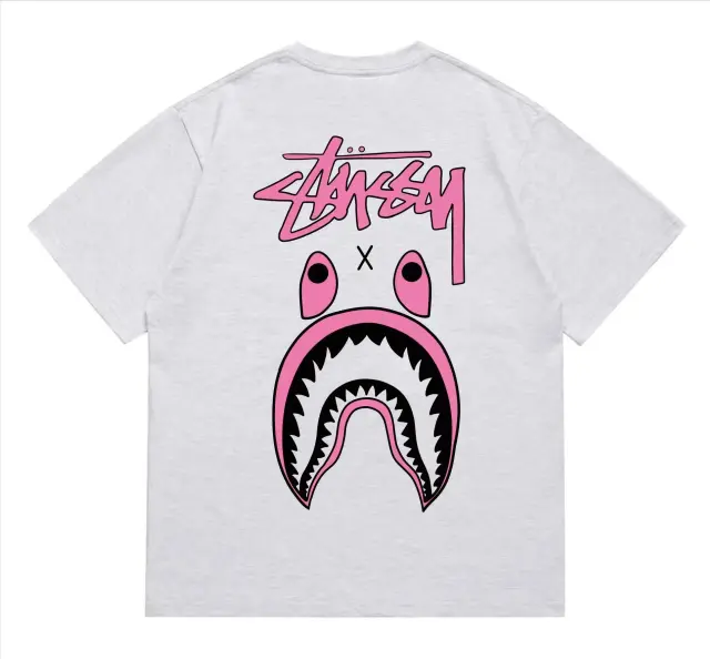 BAPE x Stussy Shark Tee Heather Grey Pink Black