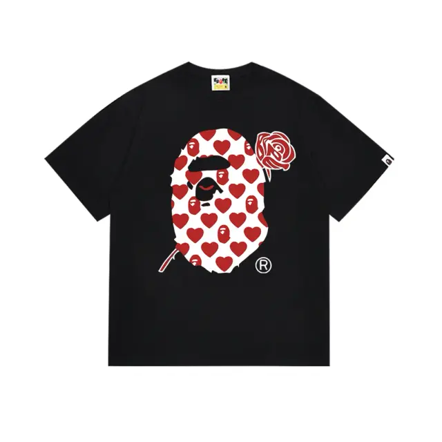 A Bathing Ape Rose Heart Camo Ape Head Black Tee