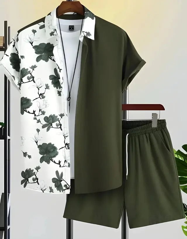 SHEIN Floral Split Shirt and Shorts Set Olive Green