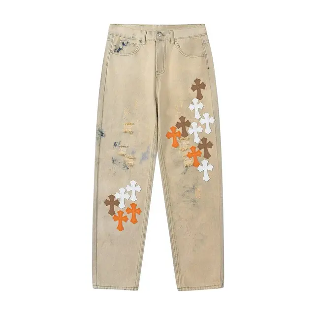 Chrome Hearts Cross Patch Distressed Jeans Beige