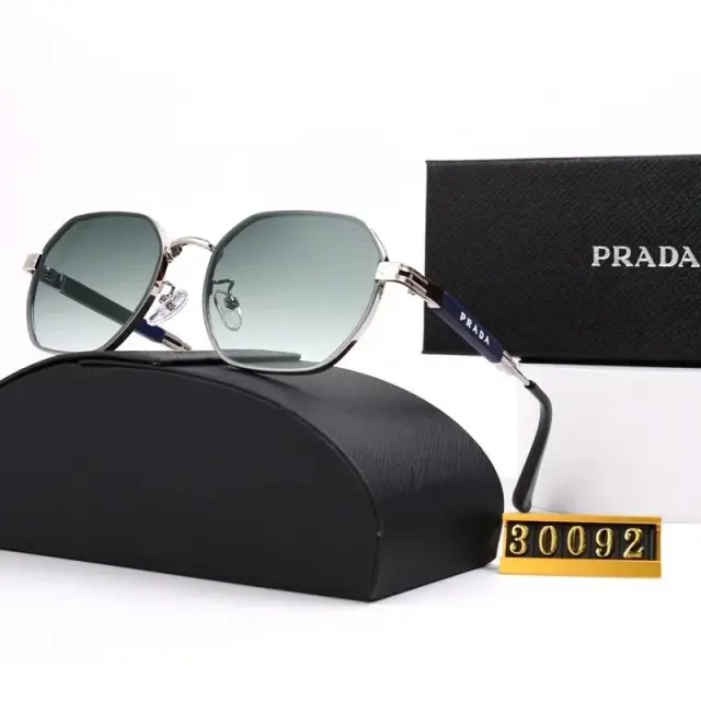 Prada Hexagonal Silver Sunglasses with Green Gradient Lenses