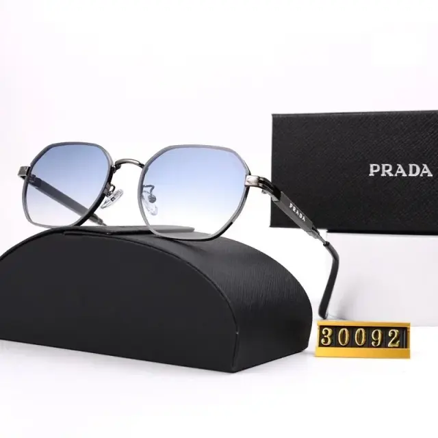 Prada Hexagonal Gunmetal Sunglasses with Blue Gradient Lenses