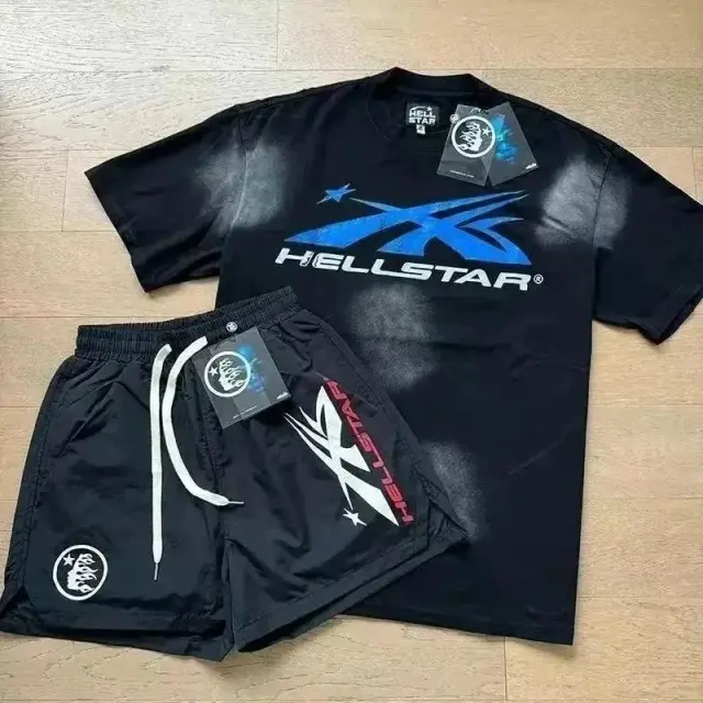 Hellstar T-Shirt and Shorts Set Black Blue