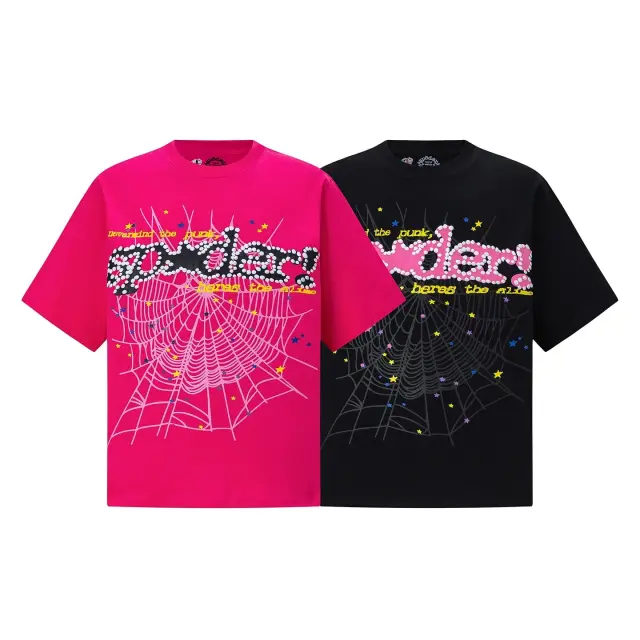 Sp5der Web Rhinestone T-Shirt Pink and Black