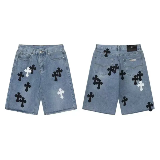 Chrome Hearts Cross Patch Denim Shorts Light Blue Black