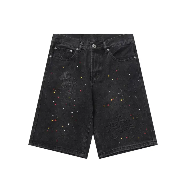 Chrome Hearts Paint Splatter Cross Patch Denim Shorts Black