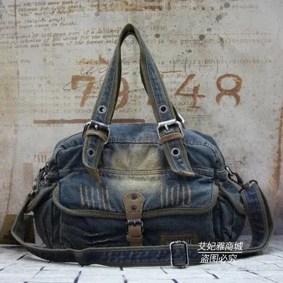 Vintage Washed Denim Shoulder Bag Denim Blue