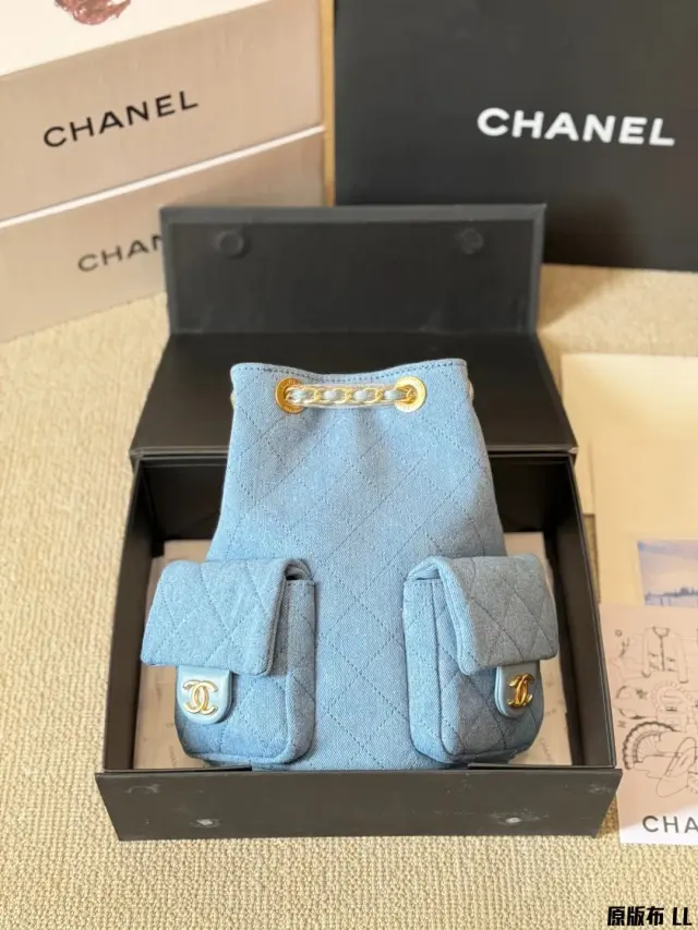 Chanel Quilted Denim Backpack Light Blue