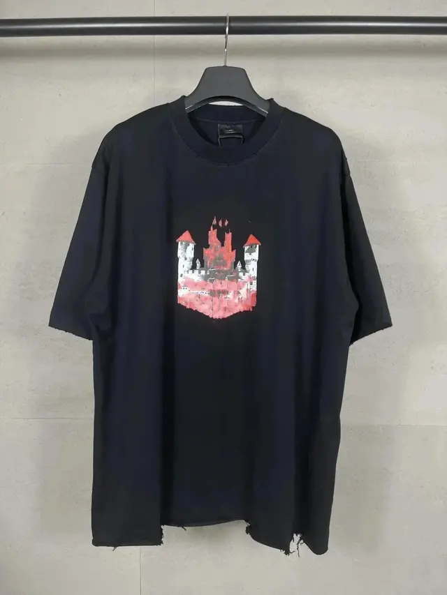 Balenciaga Castle Print Distressed T-Shirt Black